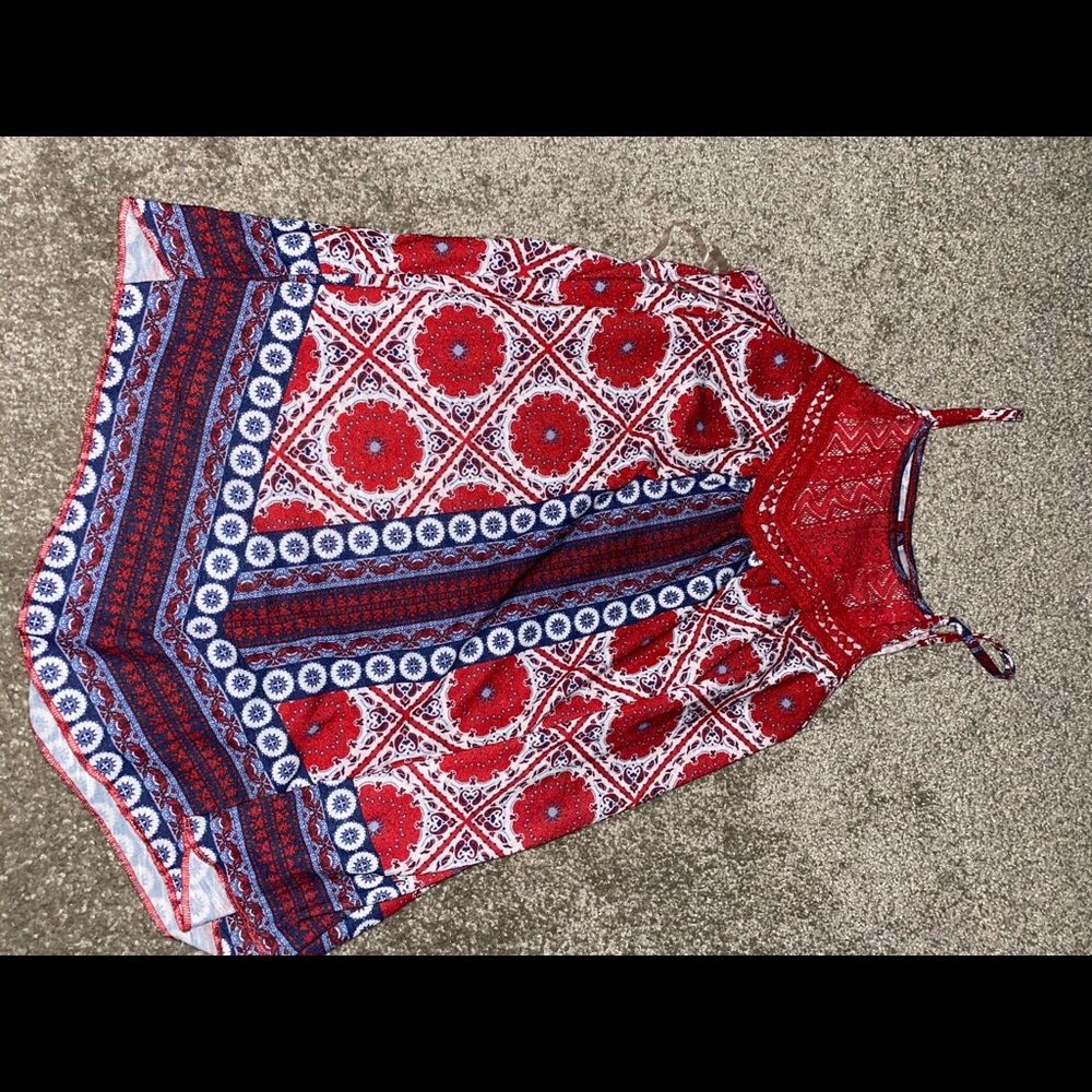 Red, white, and blue paisley halter top with lace